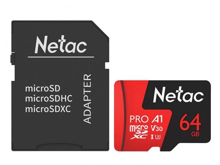 Карта памяти 64Gb - Netac P500 Extreme Pro MicroSDXC Class 10 A1 V30 NT02P500PRO-064G-R с переходником под SD (Оригинальная!)