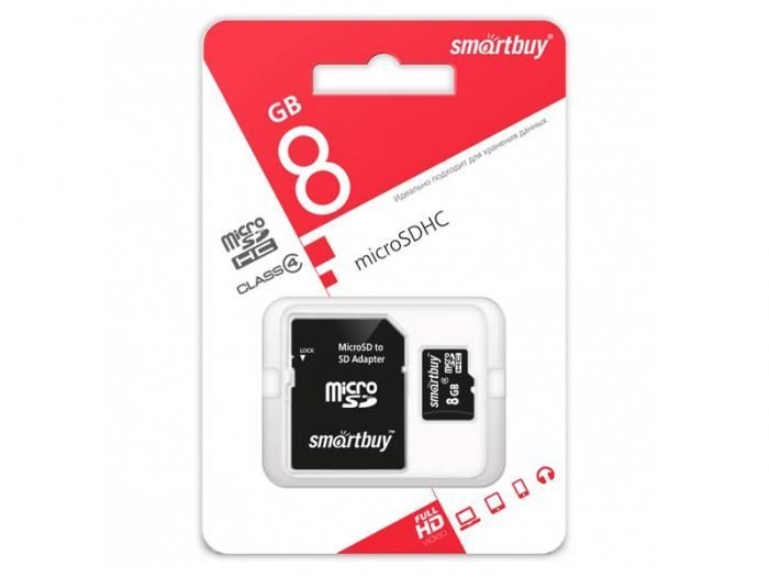 Карта памяти 8Gb - SmartBuy Micro Secure Digital HC Class 4 SB8GBSDCL4-01 с переходником под SD (Оригинальная!)